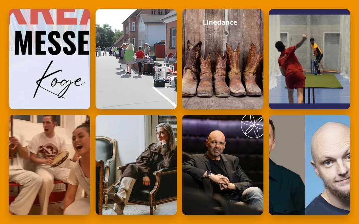 A collage featuring a poster, outdoor market, cowboy boots, sports, and portraits.