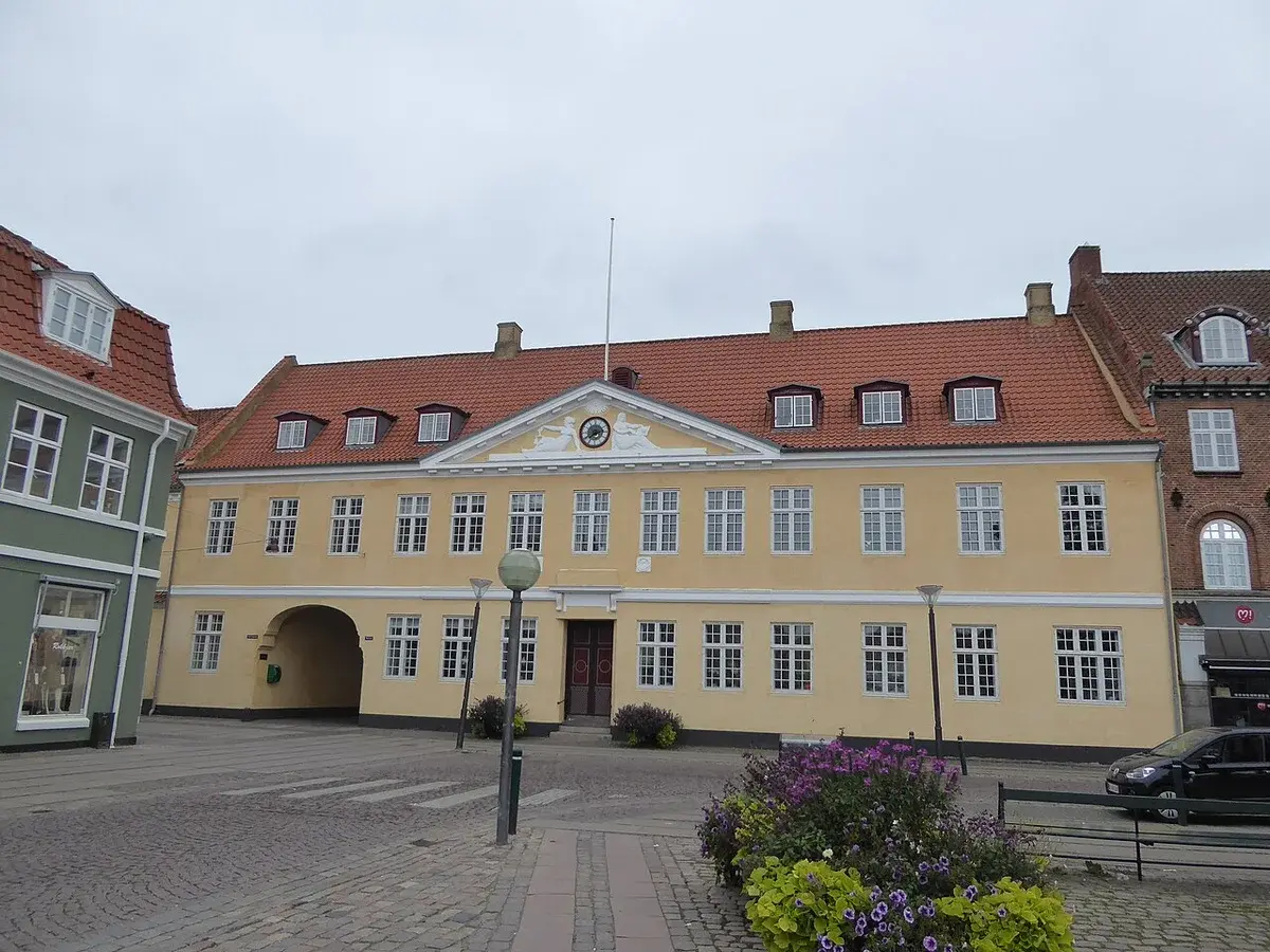 Historic town hall building on a square in Køge, Denmark.
