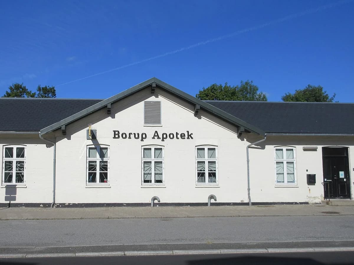Borup Pharmacy in former train station building in Borup, Denmark