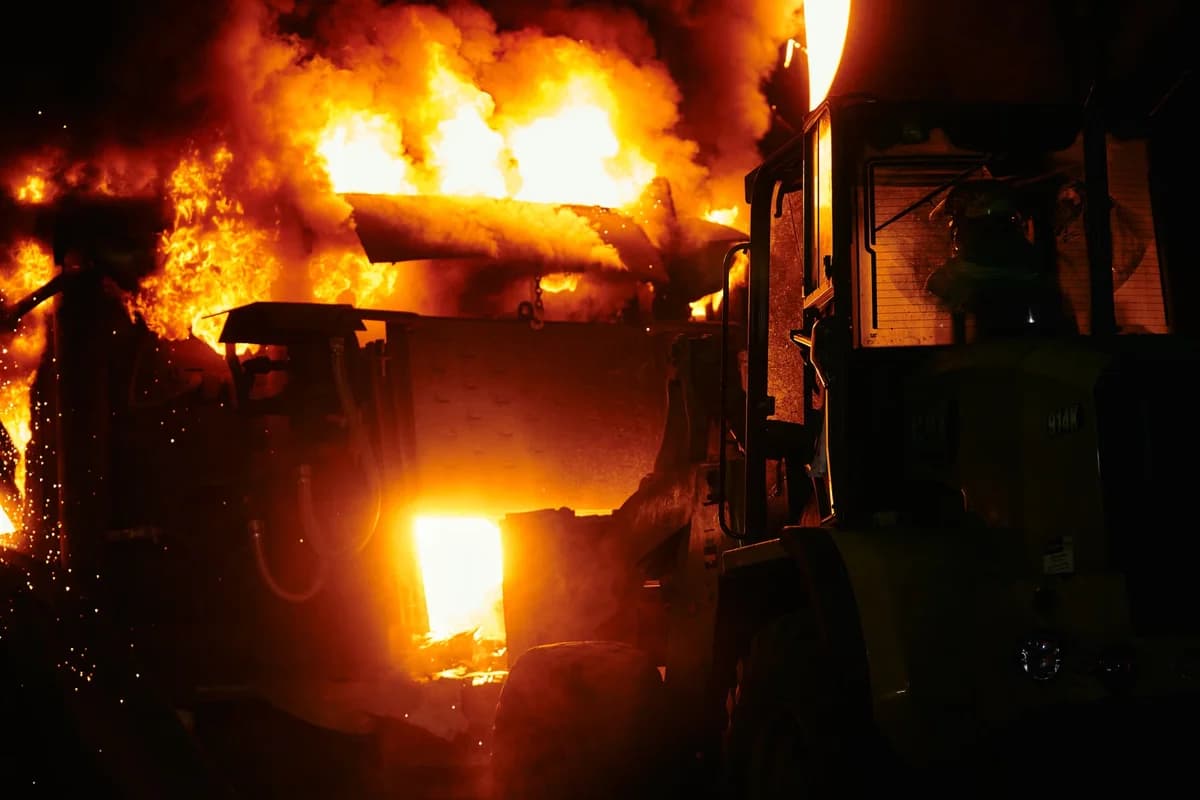 Molten metal in an industrial foundry with sparks and heavy machinery
