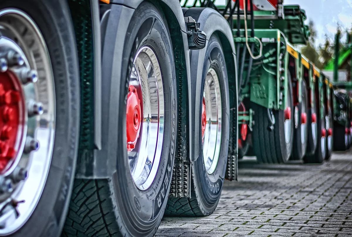 Close-up of the wheels of a heavy special transport truck