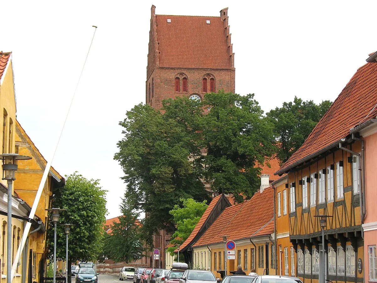 Street view of Kirkestræde in Køge with Køge Church tower in background