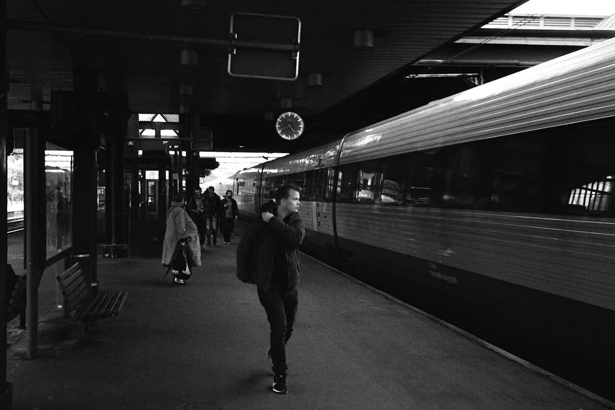 Passengers boarding a train at Fredericia station.