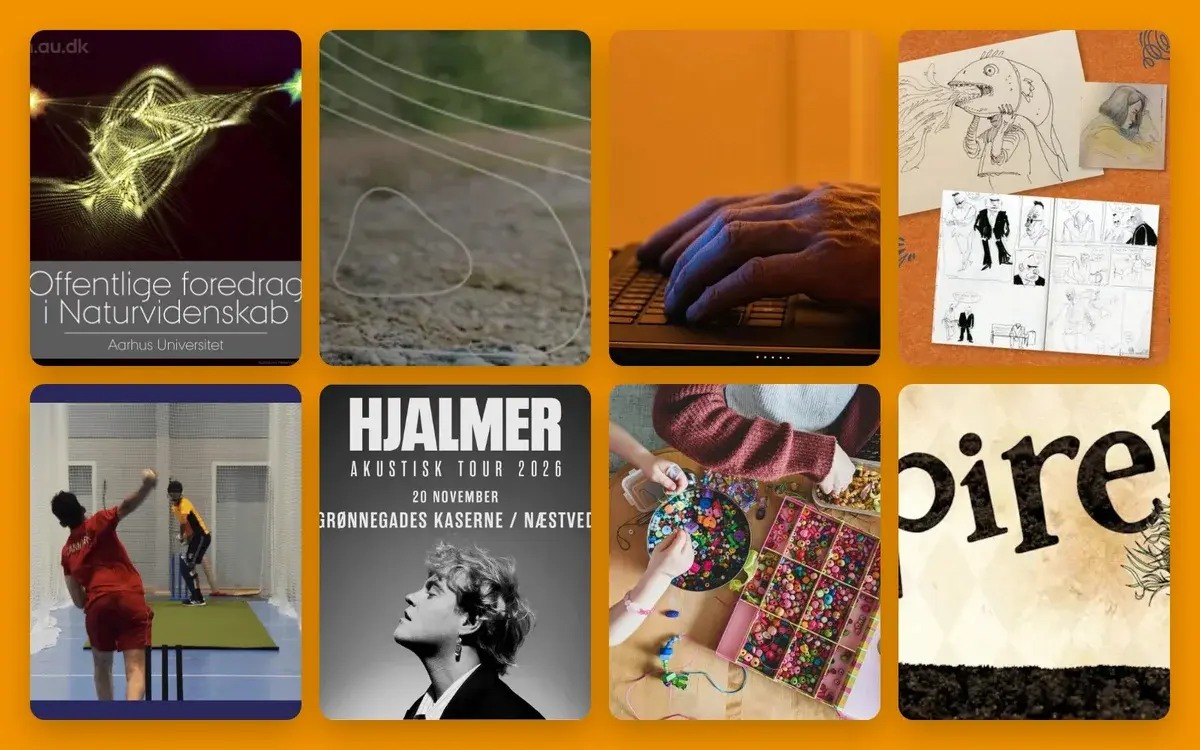 A collage of assorted images including posters, drawings, sports, and hands typing.