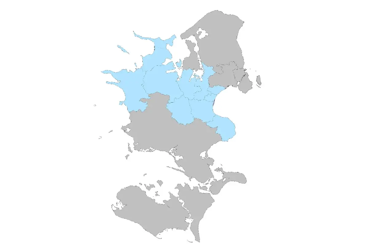 Map showing Midt- and Vestsjælland Police District area in light blue