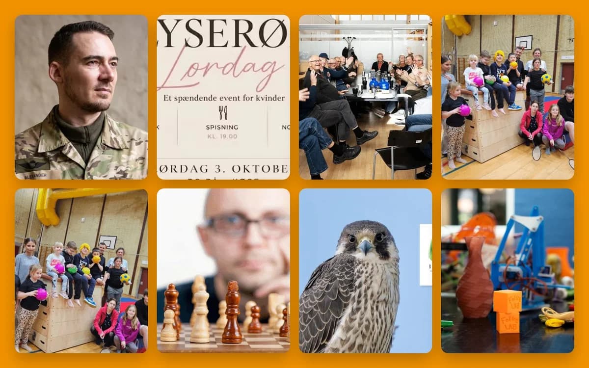 Collage with people, a poster, chess pieces, a falcon, and craft objects