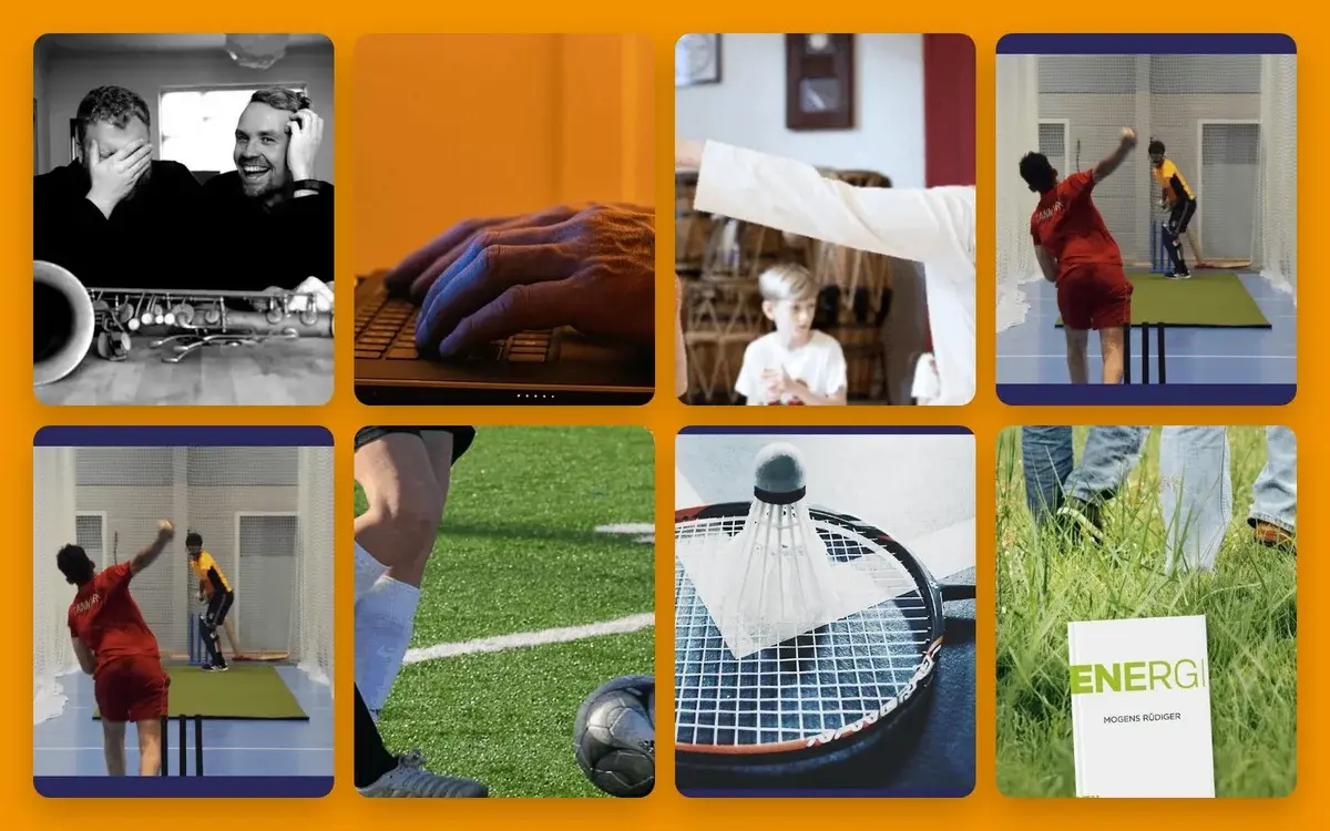 Collage of sports, computer use, and indoor scenes on an orange background