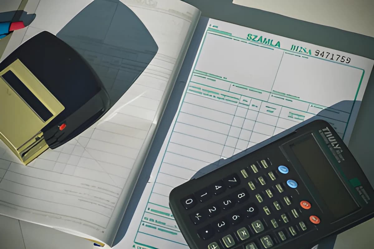 Calculator resting on an invoice and office documents